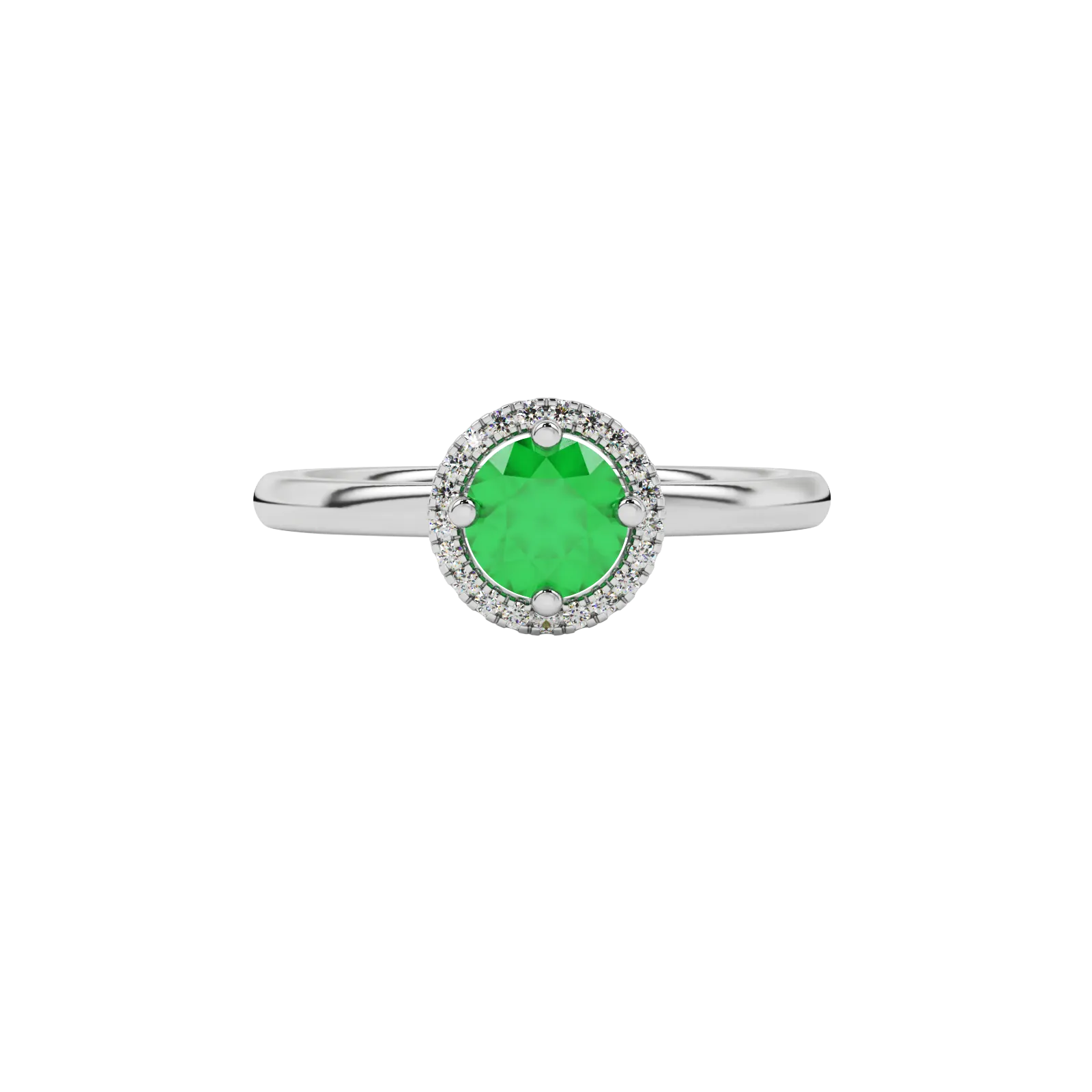 close-up of a round emerald green gemstone enclosed in a white gold diamond French pavé halo setting.