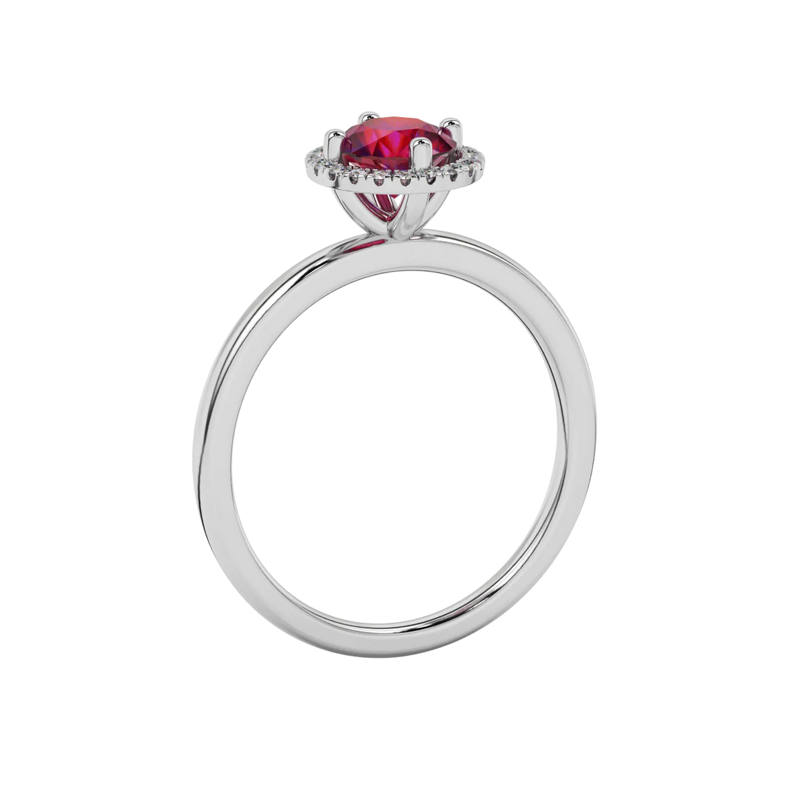 Side angle of a white gold raspberry red gemstone ring highlighting the French pavé halo details.