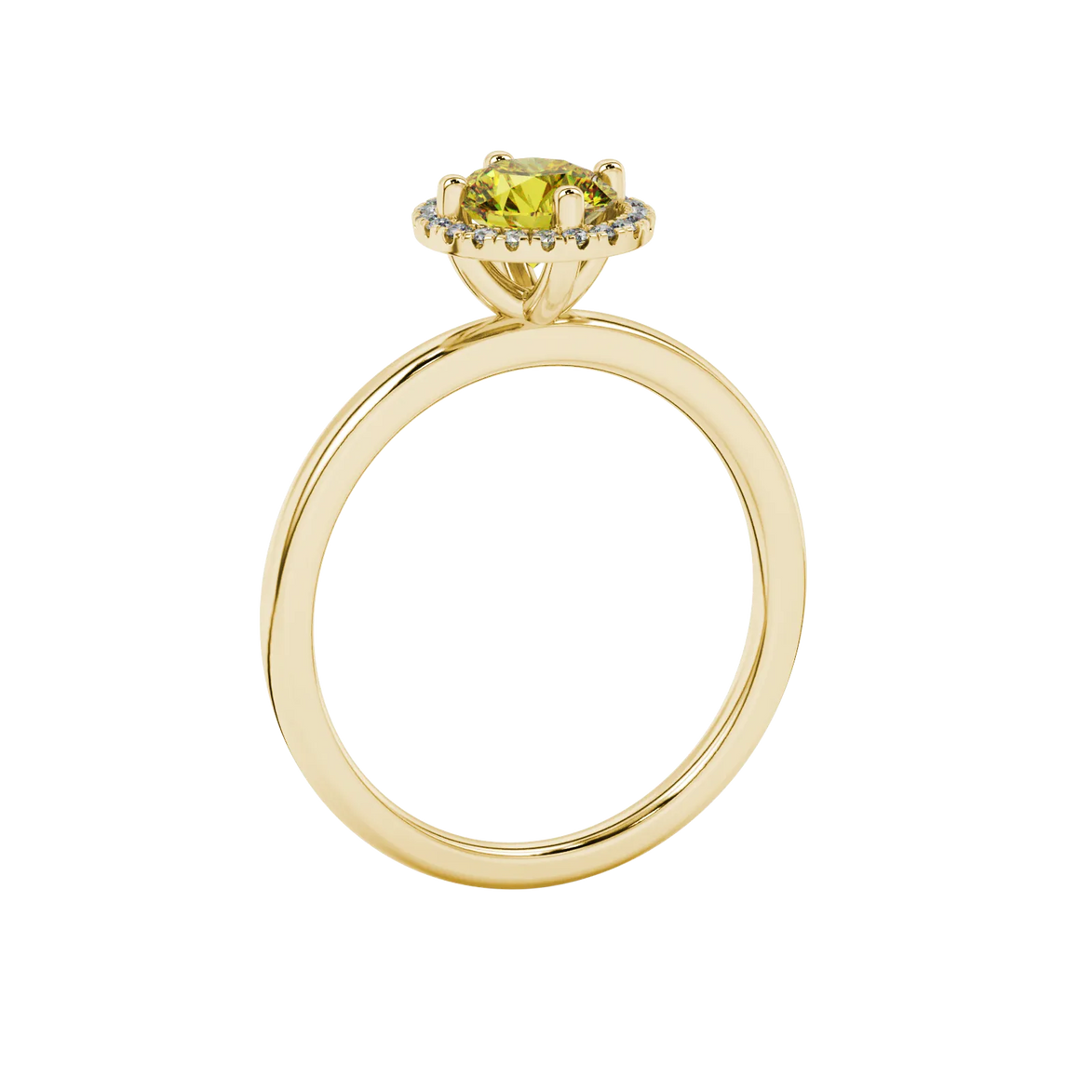 Side angle of a yellow gold canary yellow gemstone ring displaying the French pavé halo.