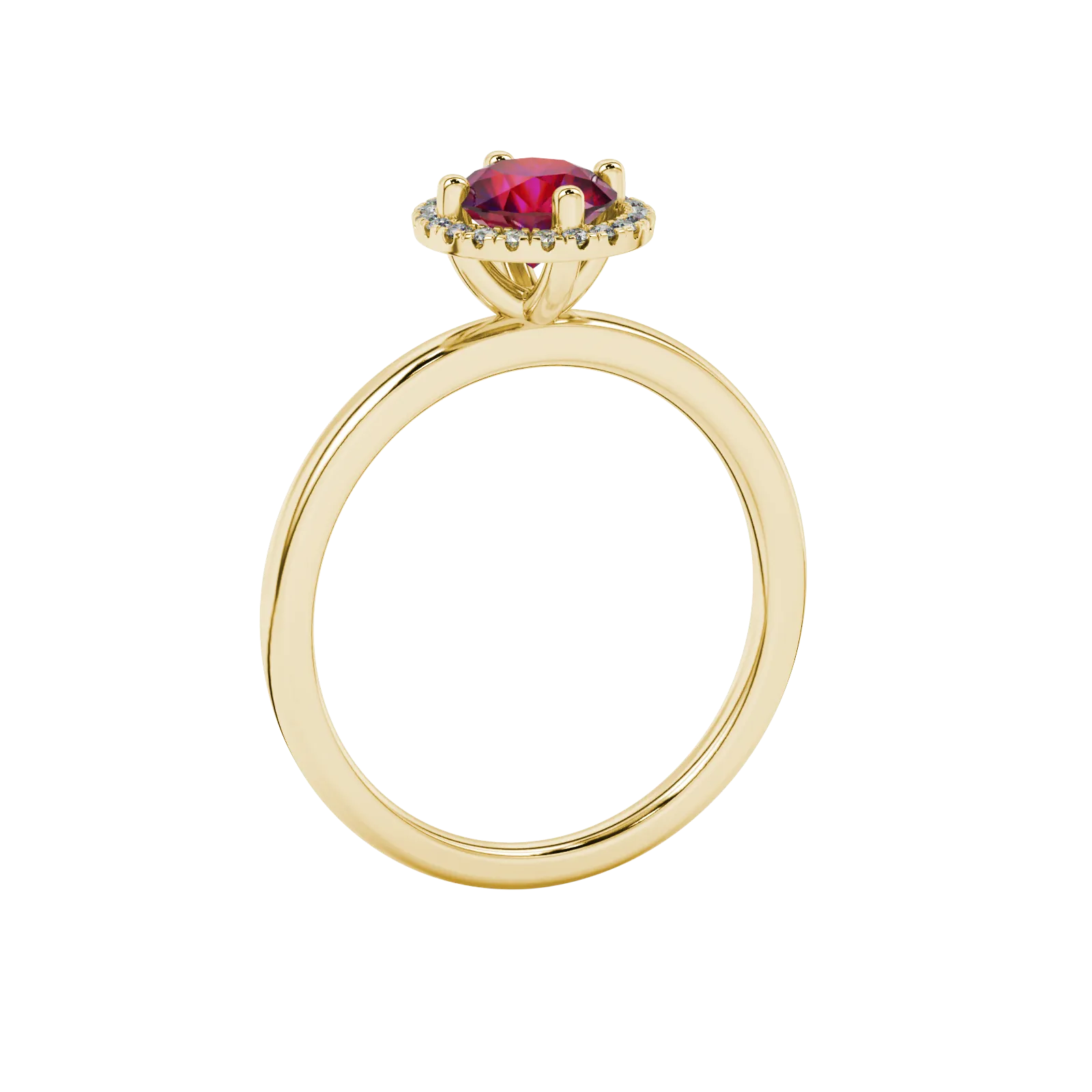Side view of a yellow gold raspberry red gemstone ring with a detailed French pavé halo design.