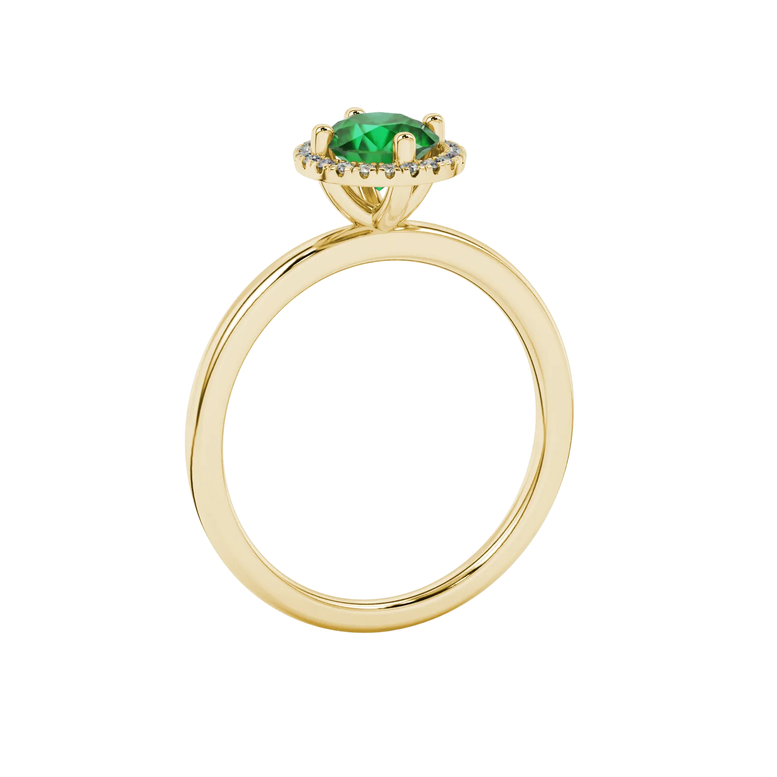 Side profile of a yellow gold emerald green gemstone ring with a French pavé halo design