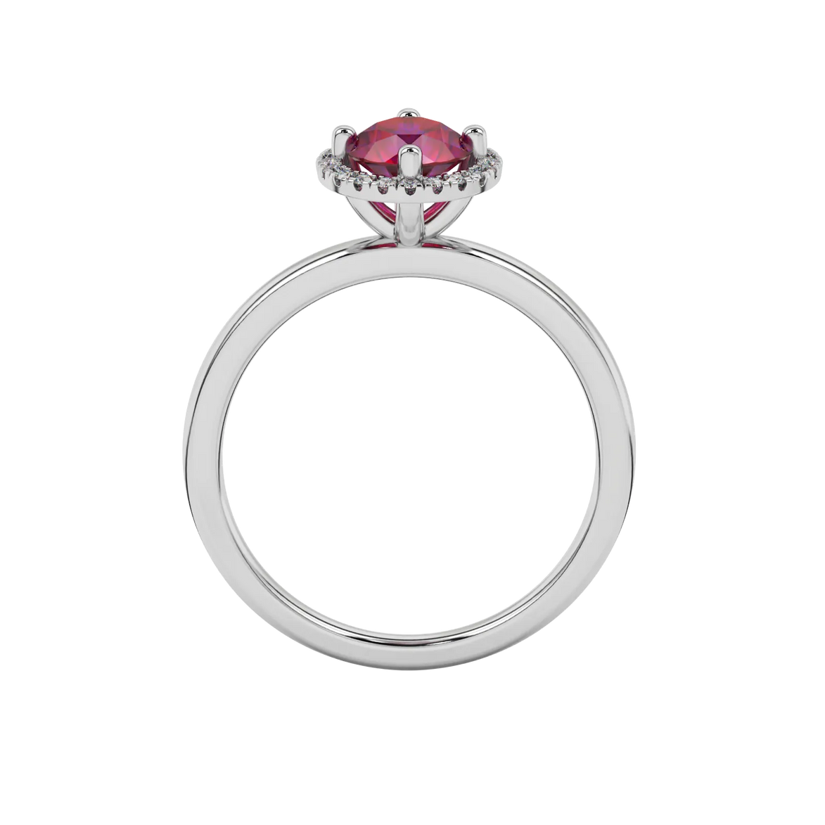 Round-cut raspberry red gemstone solitaire ring in a white gold French pavé halo diamond setting.