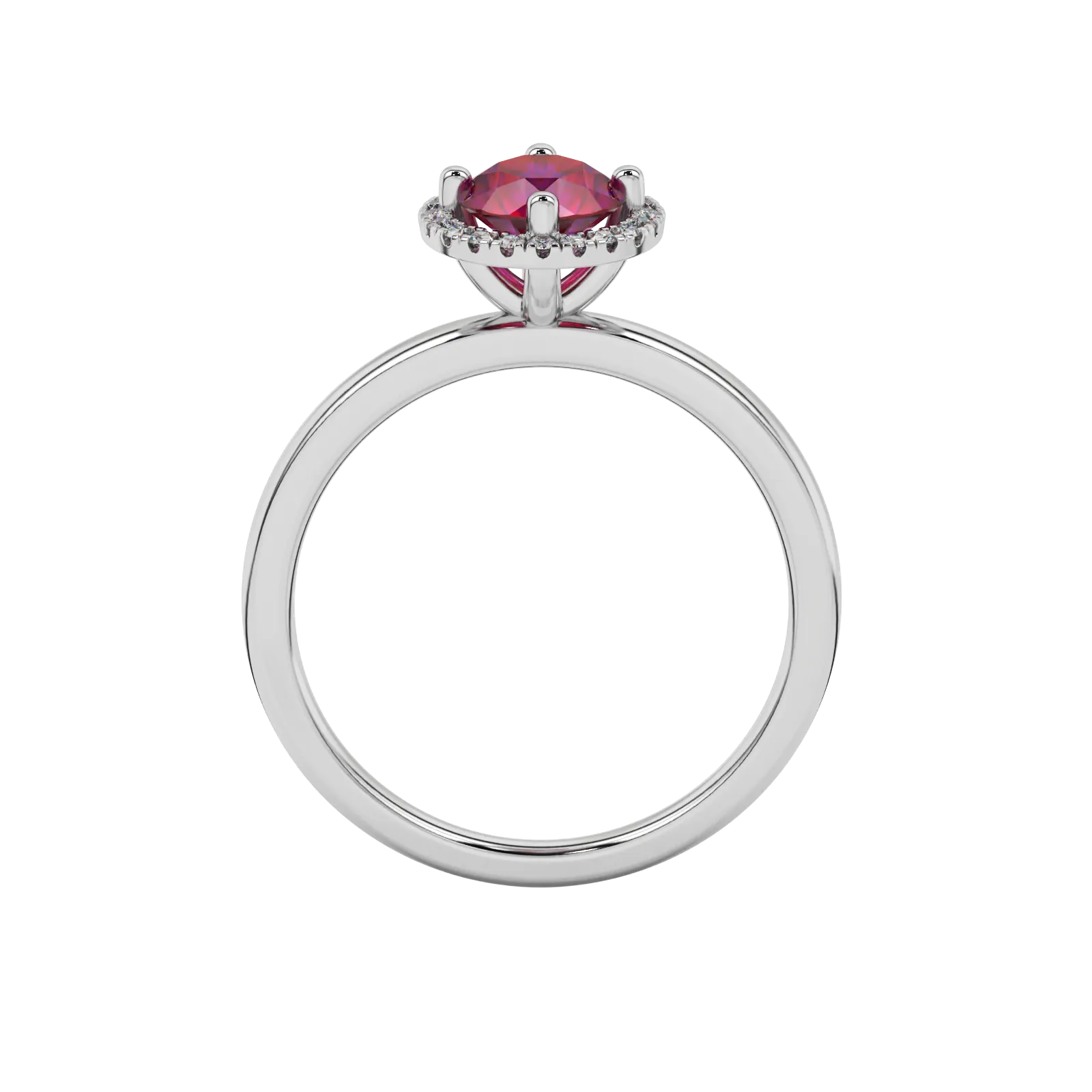 Round-cut raspberry red gemstone solitaire ring in a white gold French pavé halo diamond setting.