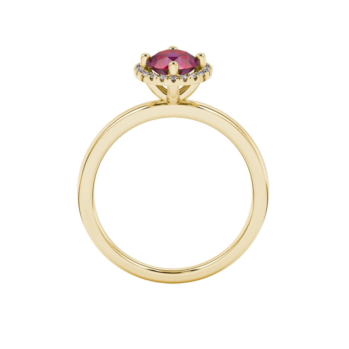 Round-cut raspberry red gemstone solitaire ring in a yellow gold French pavé halo diamond setting.