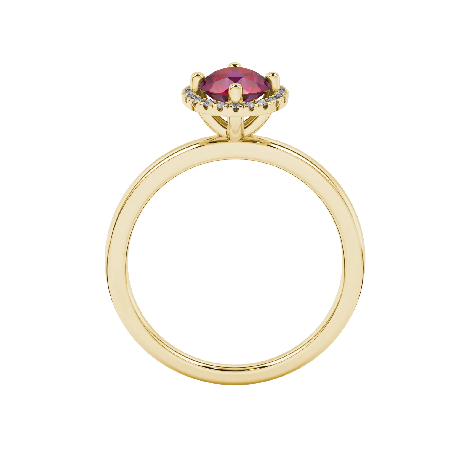 Round-cut raspberry red gemstone solitaire ring in a yellow gold French pavé halo diamond setting.