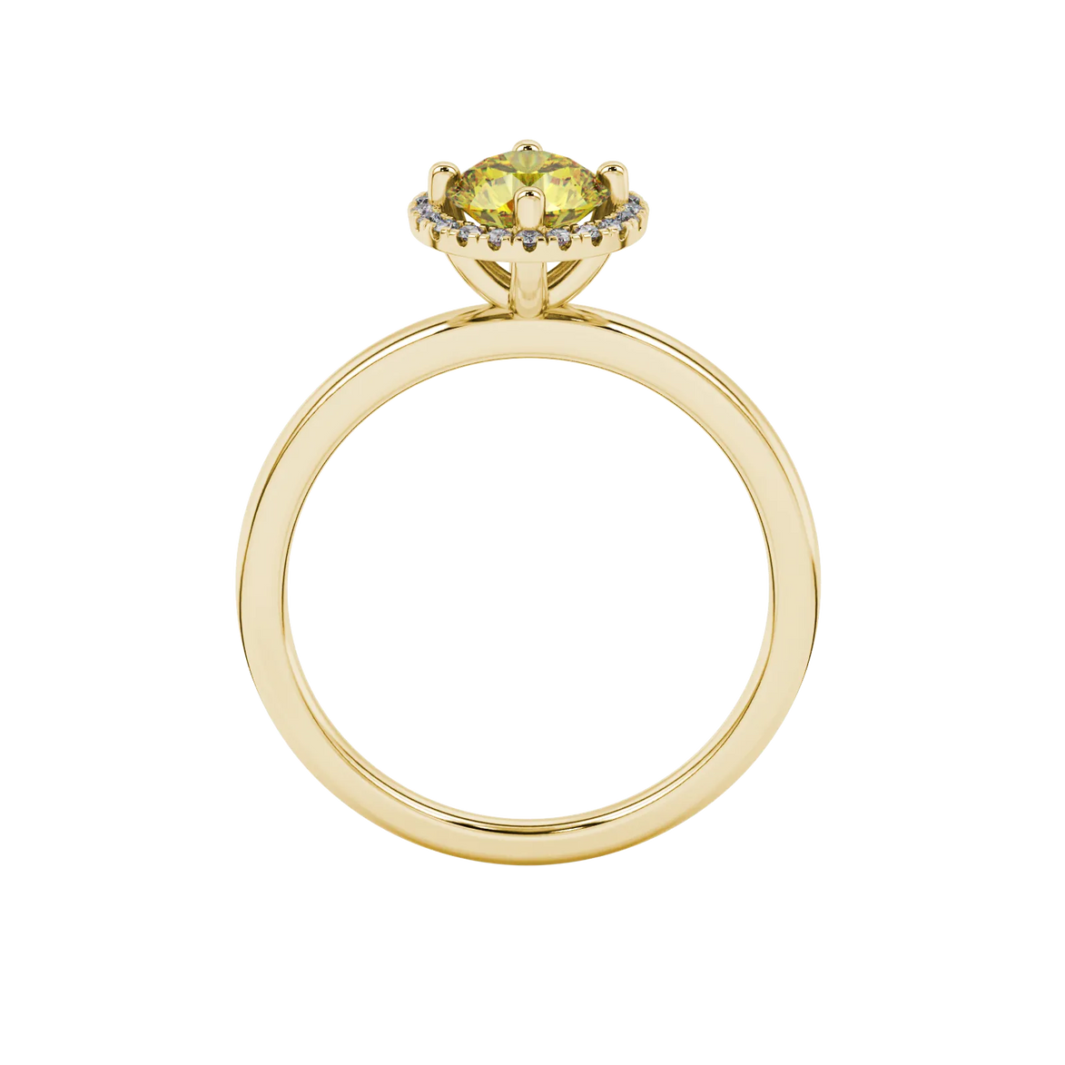 Round-cut canary yellow gemstone solitaire ring in a yellow gold French pavé halo diamond setting.