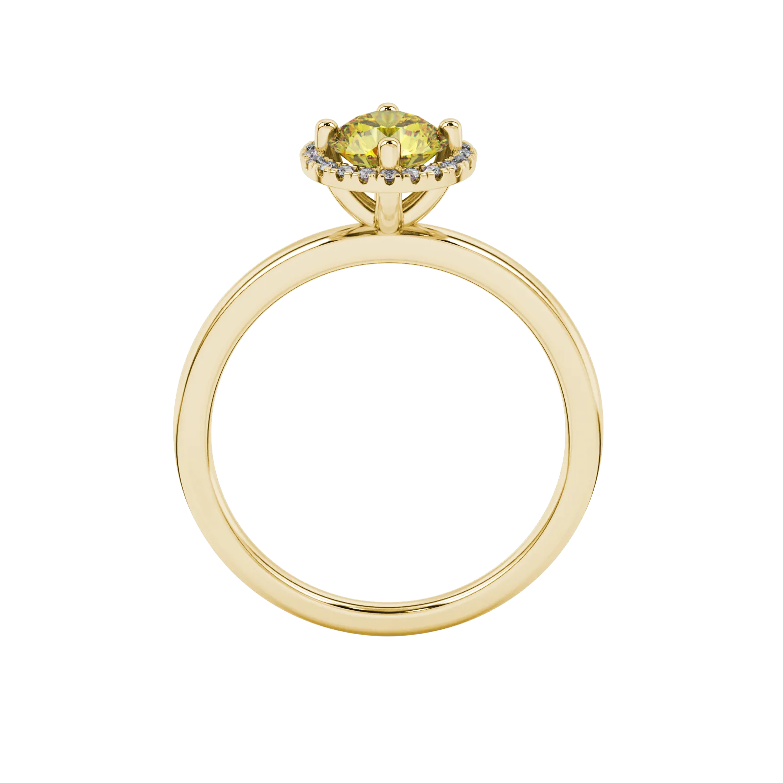 Round-cut canary yellow gemstone solitaire ring in a yellow gold French pavé halo diamond setting.