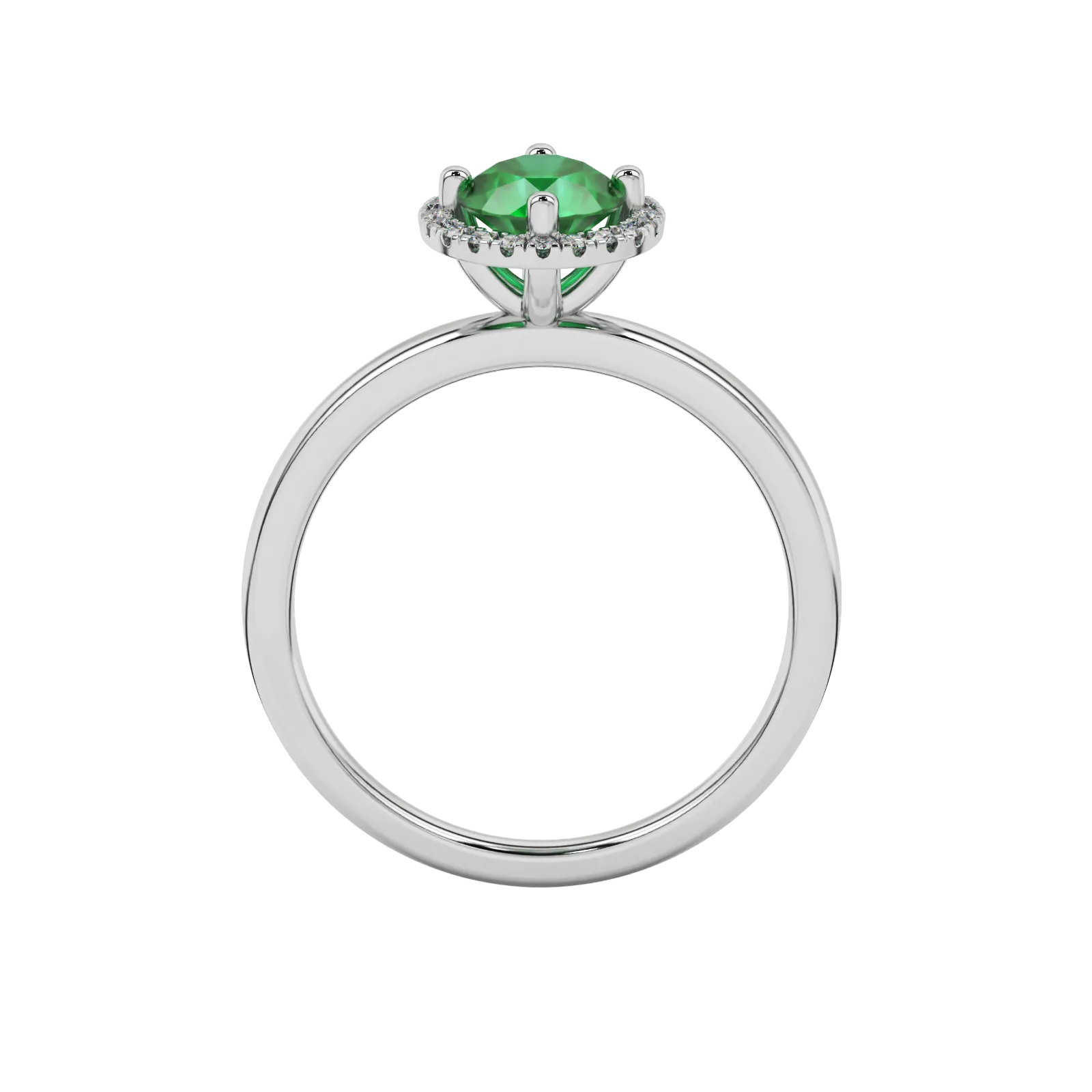 Round-cut emerald green gemstone solitaire ring in a white gold French pavé halo diamond setting.