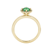 Round-cut emerald green gemstone solitaire ring in a yellow gold French pavé halo diamond setting.