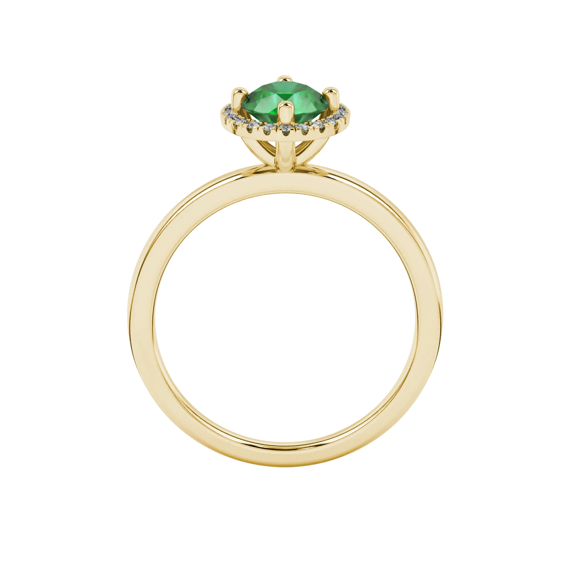 Round-cut emerald green gemstone solitaire ring in a yellow gold French pavé halo diamond setting.