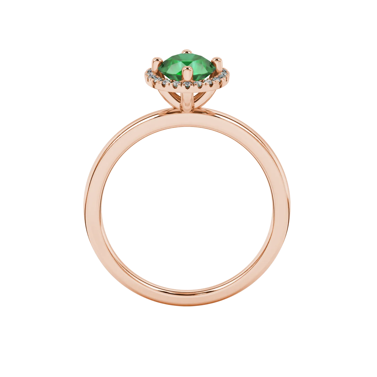 Round-cut emerald green gemstone solitaire ring in a rose gold French pavé halo diamond setting.