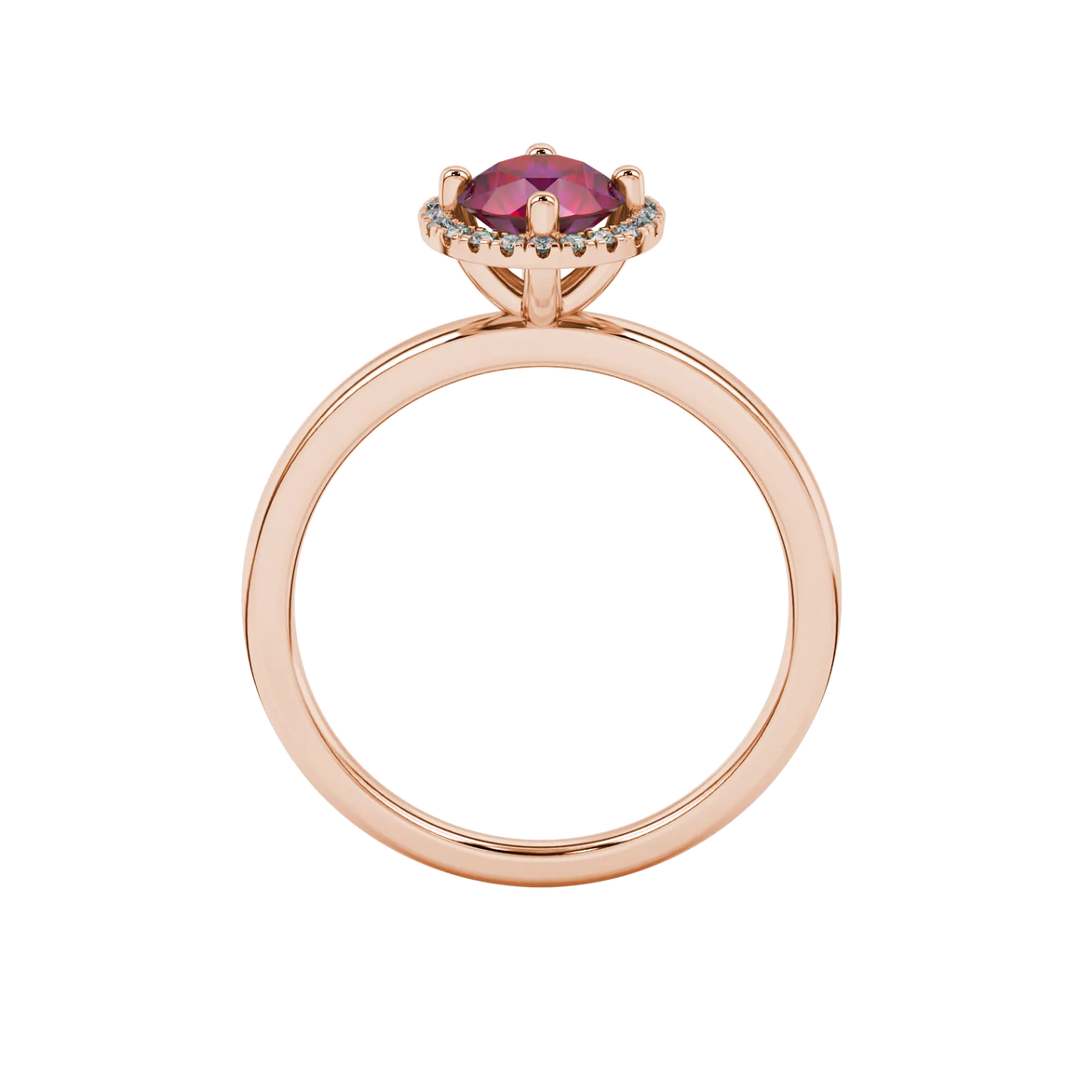 Round-cut raspberry red gemstone solitaire ring in a rose gold French pavé halo diamond setting.