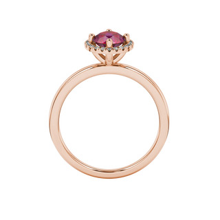 raspberry red gemstone halo ring in rose gold