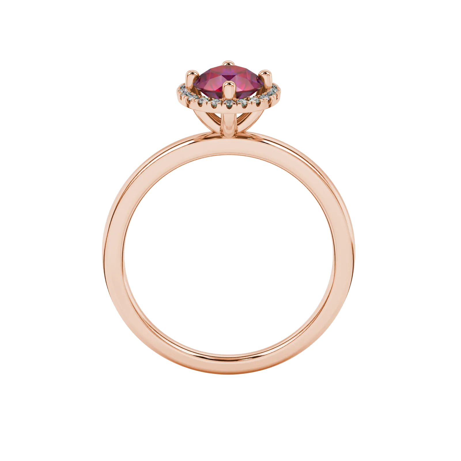 Round-cut raspberry red gemstone solitaire ring in a rose gold French pavé halo diamond setting.