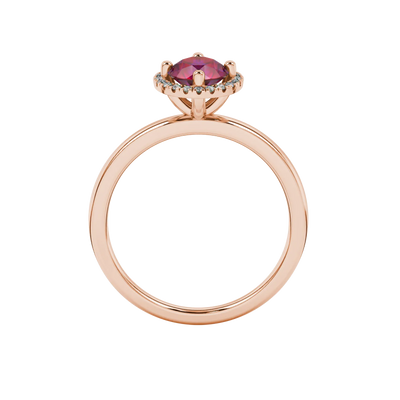 raspberry red gemstone halo ring in rose gold