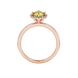 Round-cut canary yellow gemstone solitaire ring in a rose gold French pavé halo diamond setting.