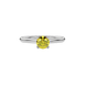 Close-up shot of a round-cut canary yellow gemstone in a white gold surprise diamond setting.