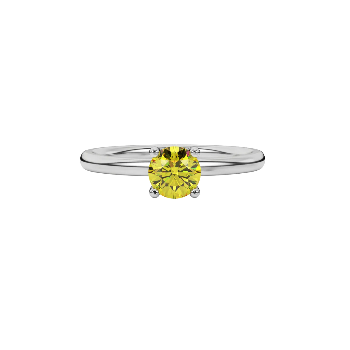 Close-up shot of a round-cut canary yellow gemstone in a white gold surprise diamond setting.