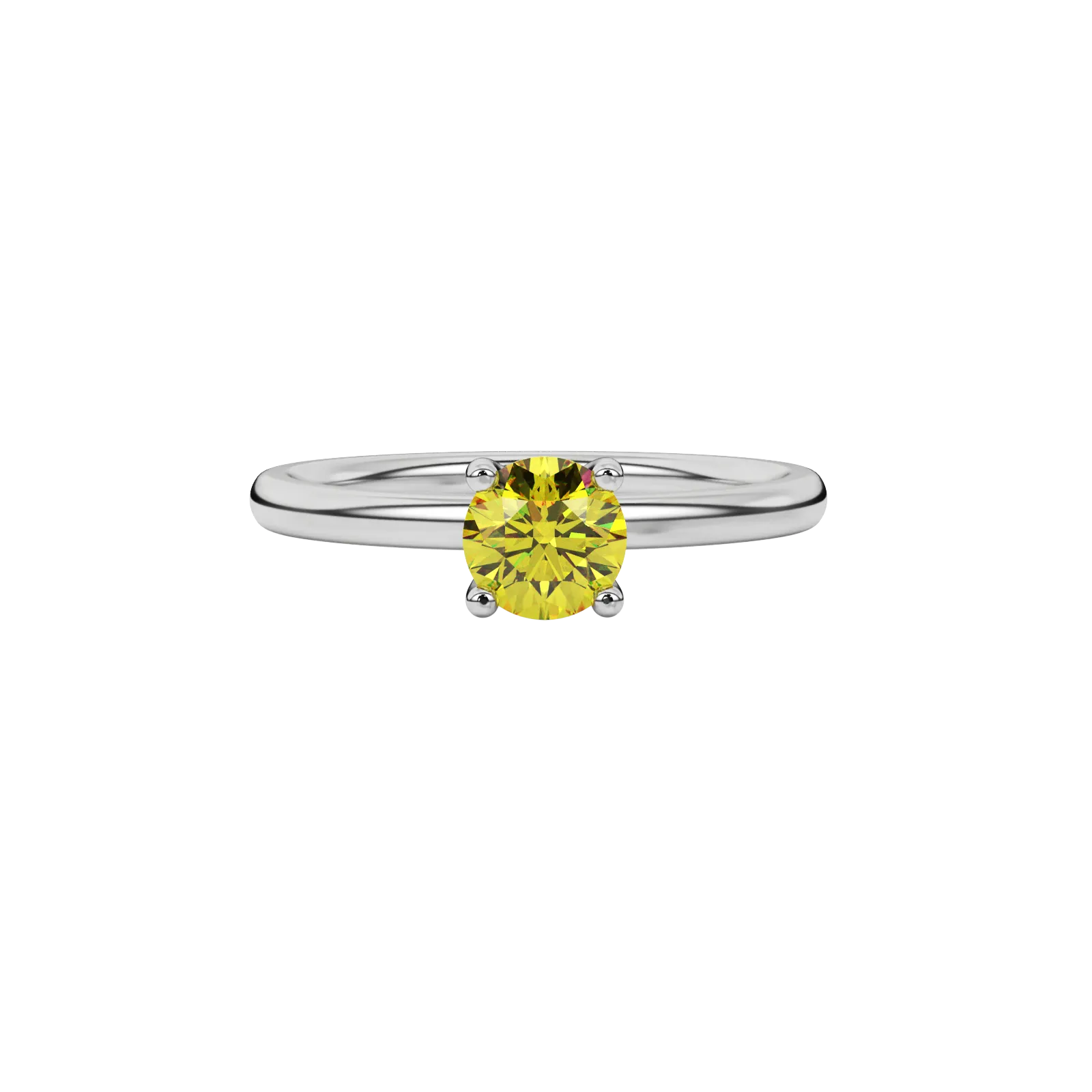 Close-up shot of a round-cut canary yellow gemstone in a white gold surprise diamond setting.