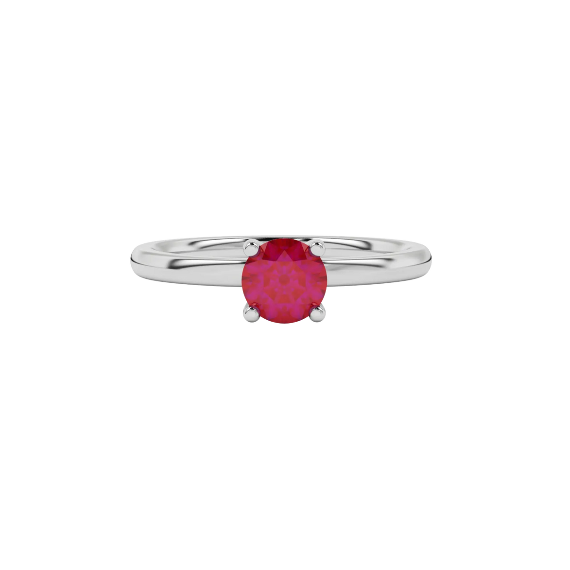 Close-up details of a round raspberry red gemstone secured in a white gold surprise diamond setting.
