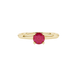 close-up of a round-cut raspberry red gemstone surrounded by a yellow gold surprise diamond setting.