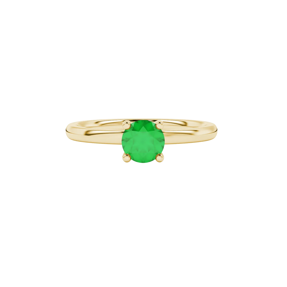 Close-up details of a round-cut emerald green gemstone in a yellow gold surprise diamond setting.