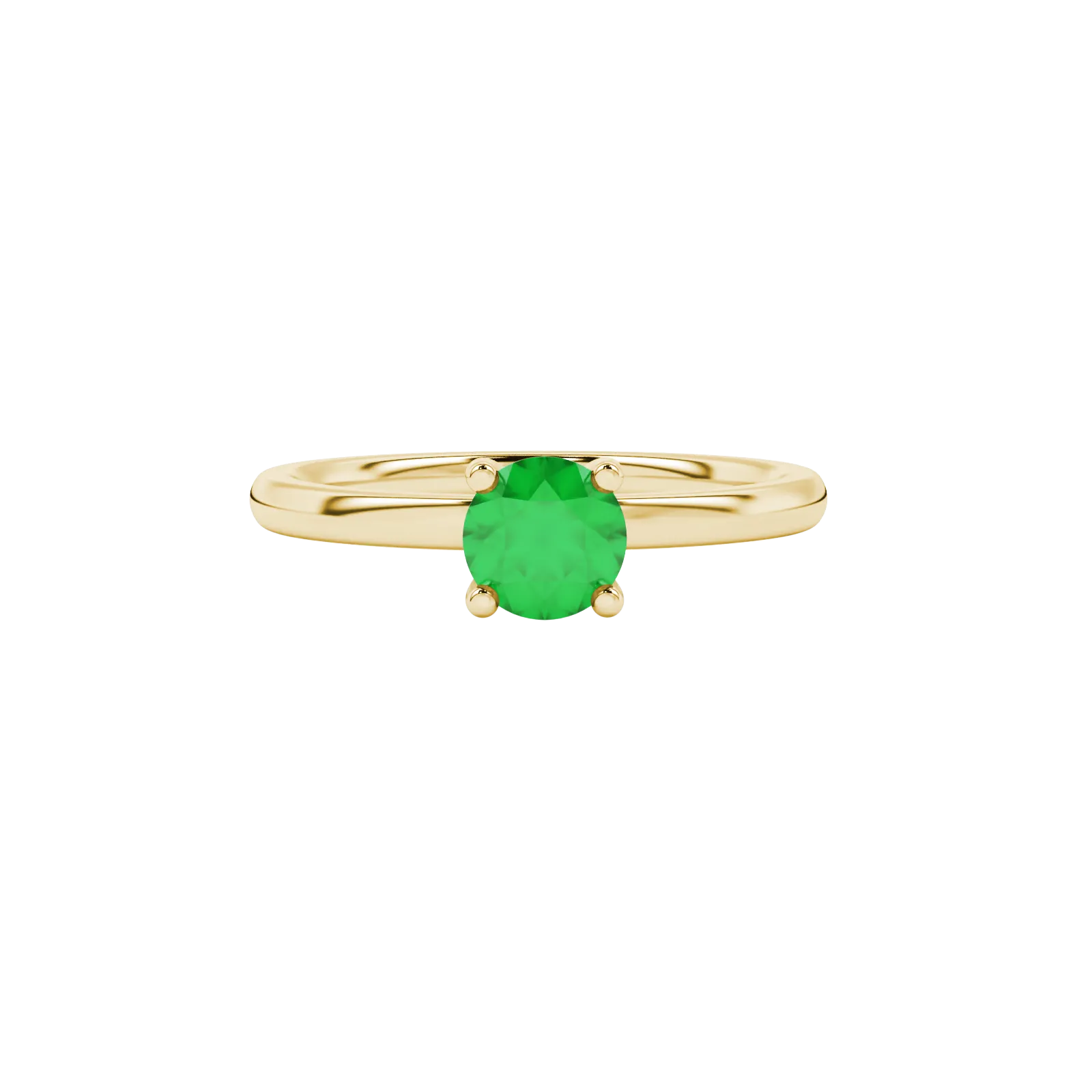 Close-up details of a round-cut emerald green gemstone in a yellow gold surprise diamond setting.