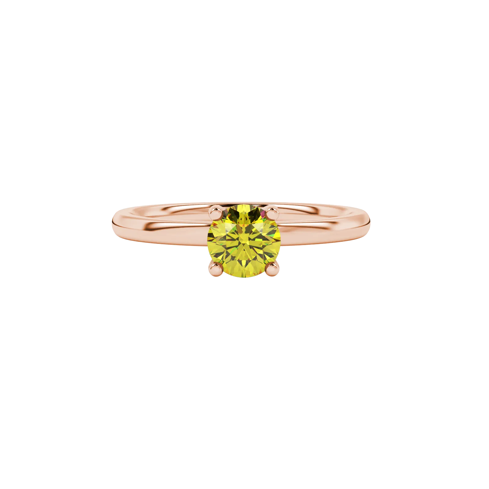 close-up of a round canary yellow gemstone ring with an intricate rose gold surprise diamond setting.