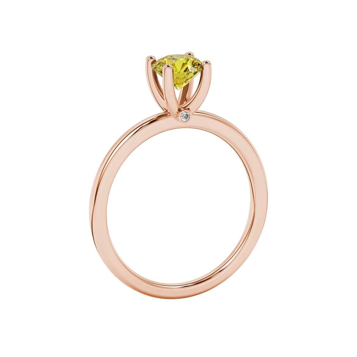 Side view of a rose gold canary yellow gemstone ring highlighting the surprise diamond detail.