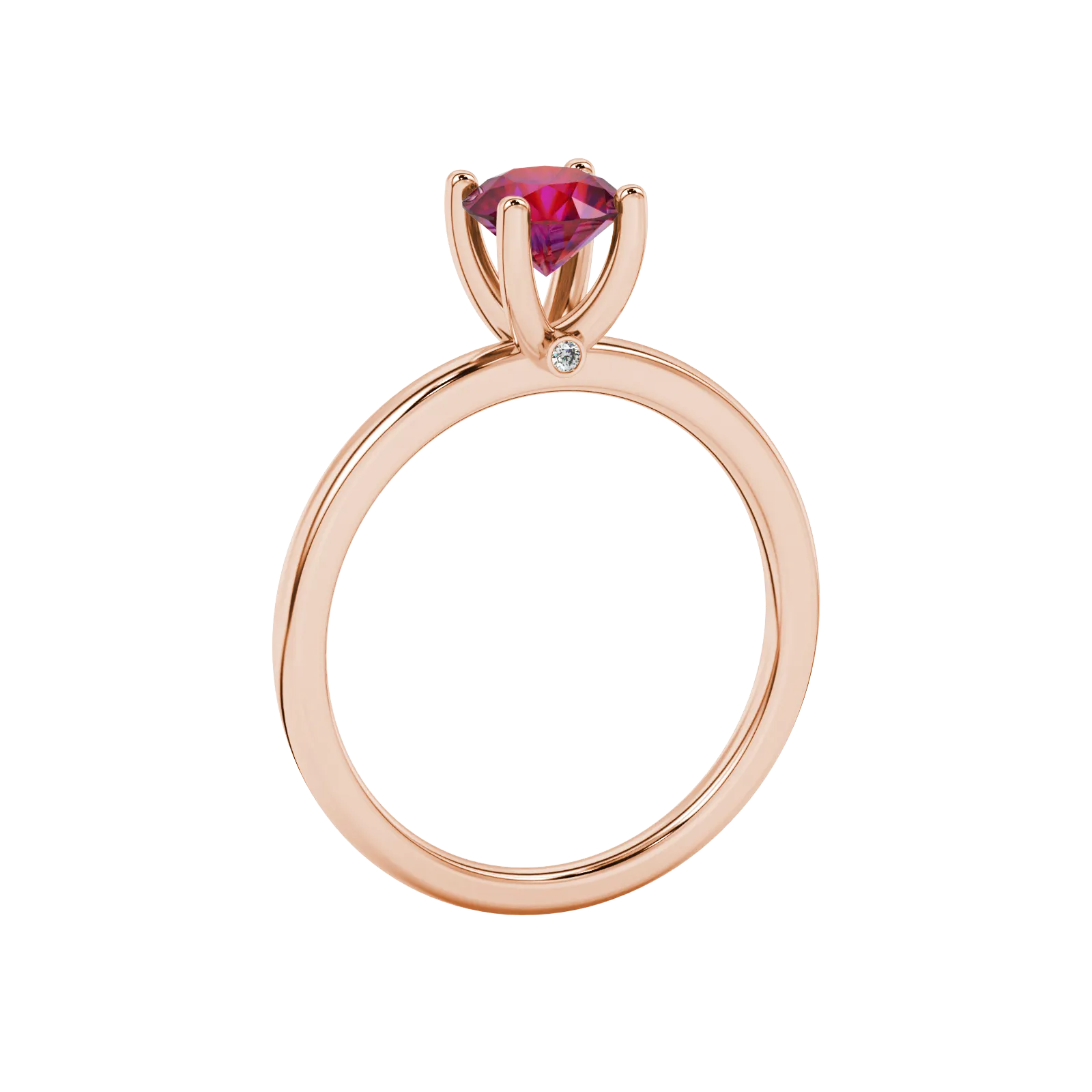 Side profile of a rose gold raspberry red gemstone ring showcasing the hidden surprise diamond detail.
