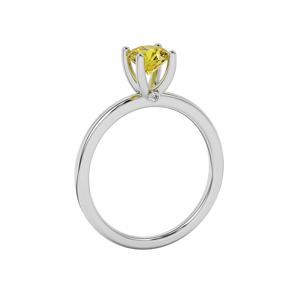 Side profile of a white gold canary yellow gemstone ring showing the surprise diamond design.