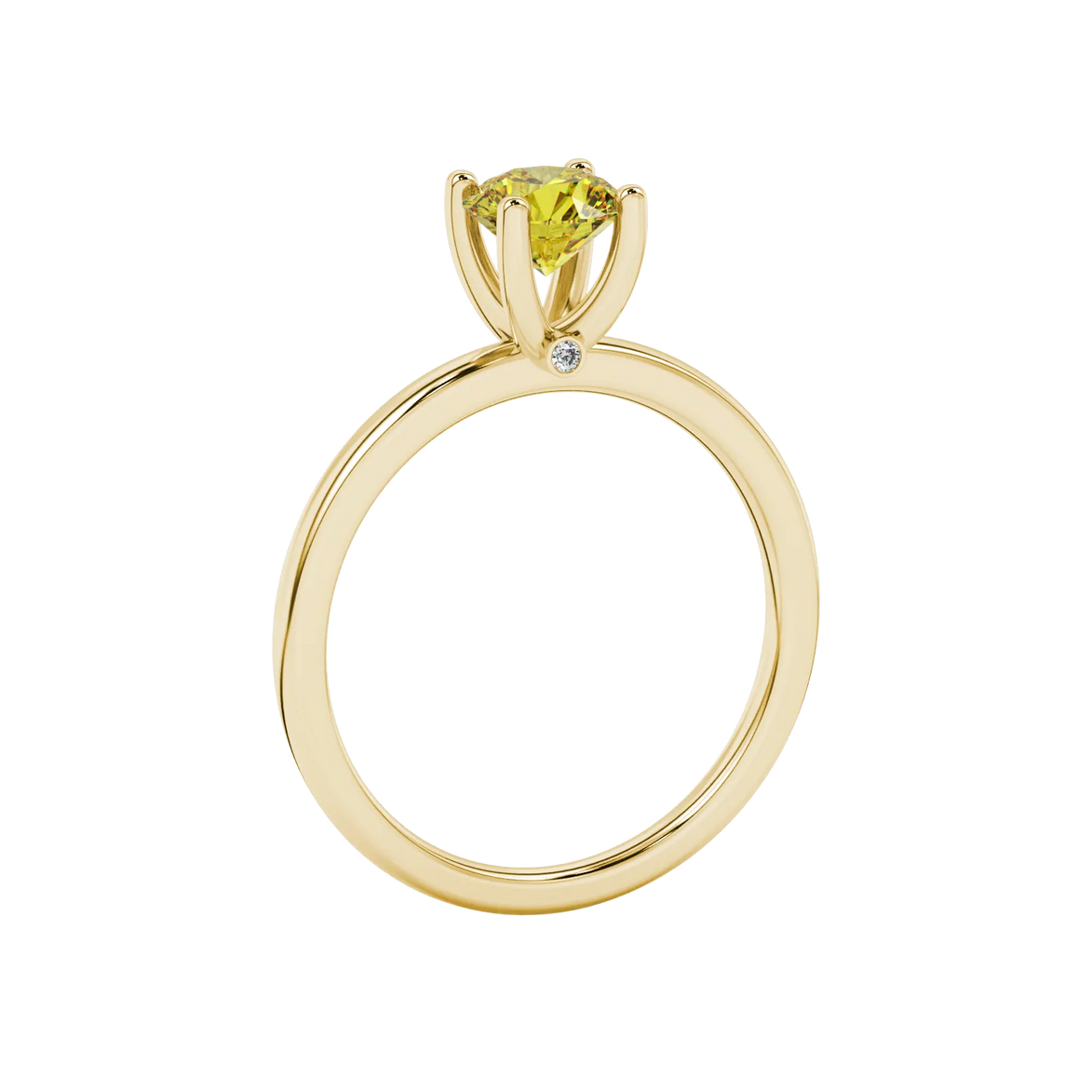 Side angle of a yellow gold canary yellow gemstone ring displaying the surprise diamond setting.