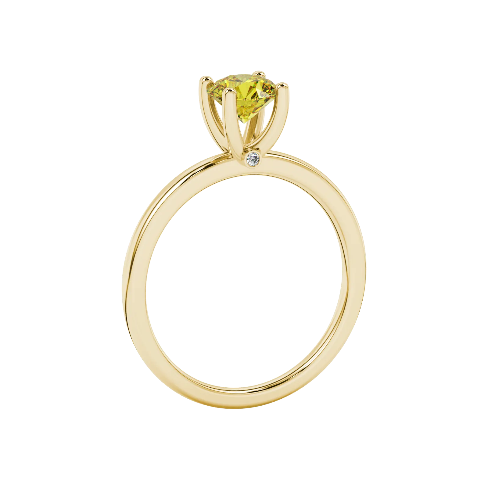 Side angle of a yellow gold canary yellow gemstone ring displaying the surprise diamond setting.