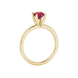 Side view of a yellow gold raspberry red gemstone ring with a detailed surprise diamond design.