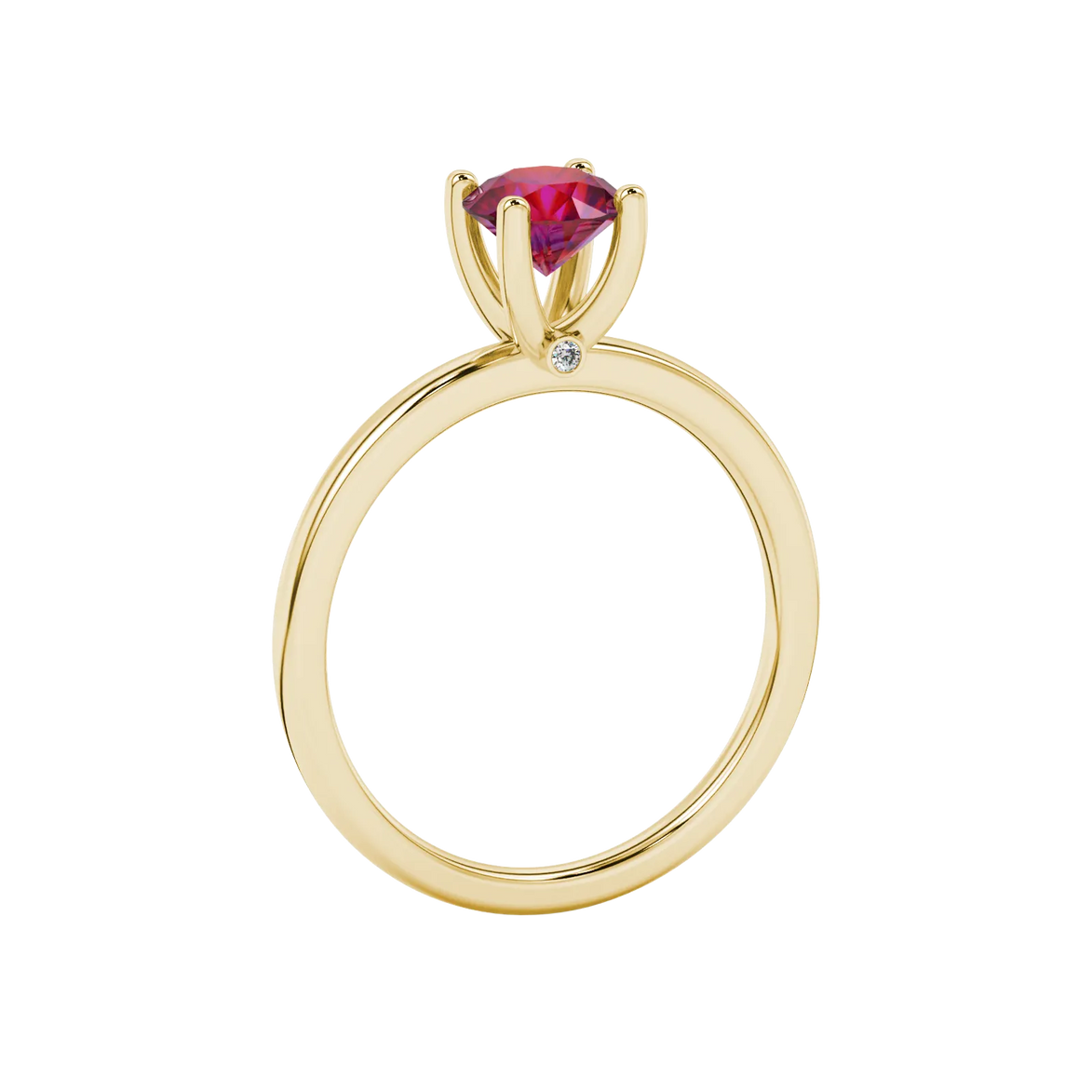 Side view of a yellow gold raspberry red gemstone ring with a detailed surprise diamond design.