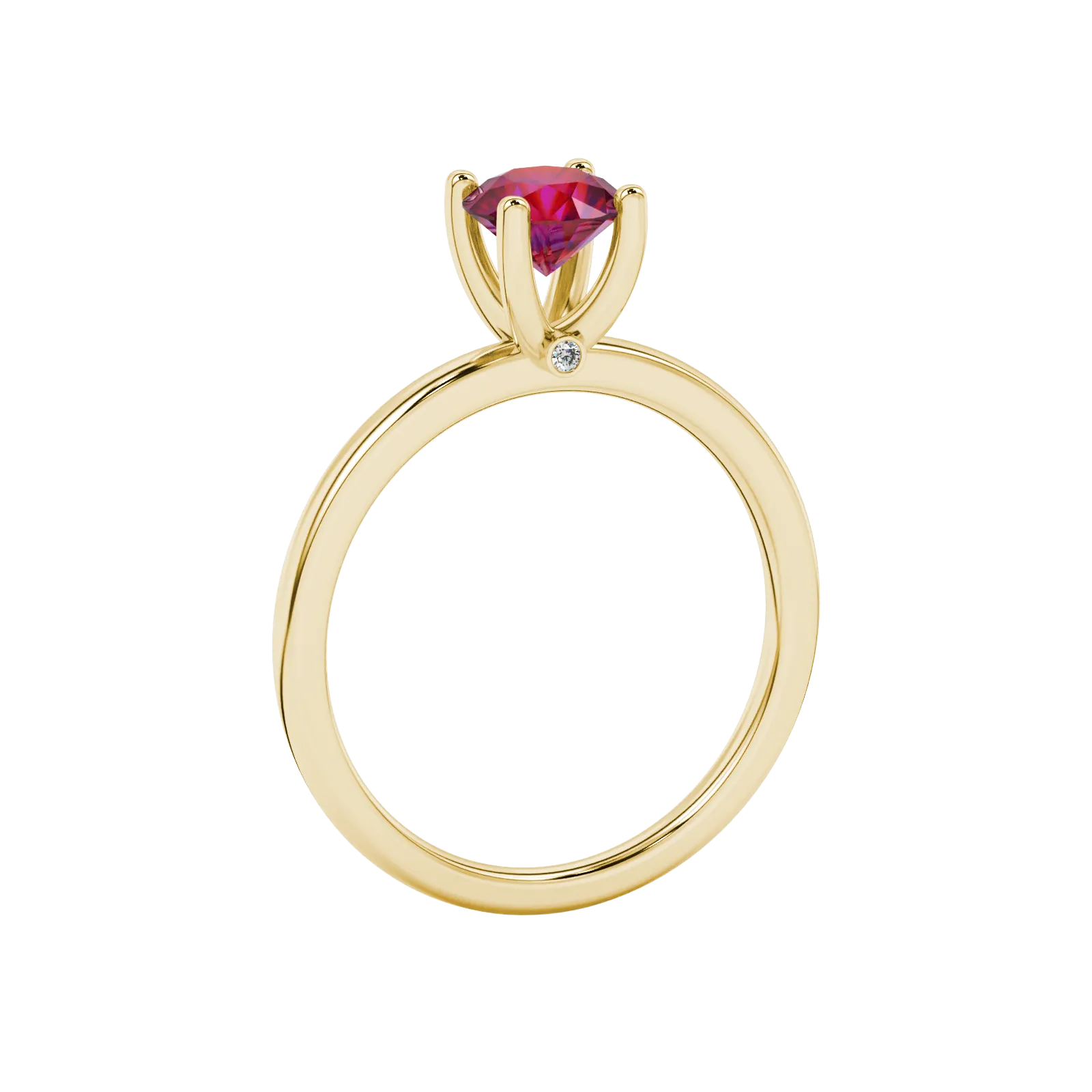 Side view of a yellow gold raspberry red gemstone ring with a detailed surprise diamond design.
