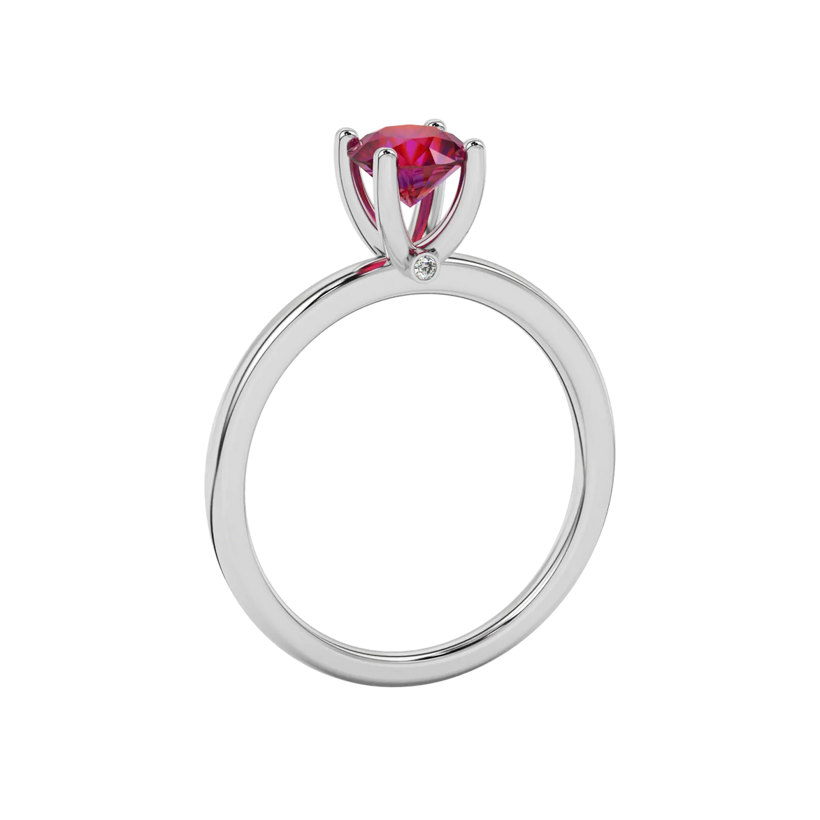 Side angle of a white gold raspberry red gemstone ring highlighting the surprise diamond gallery.