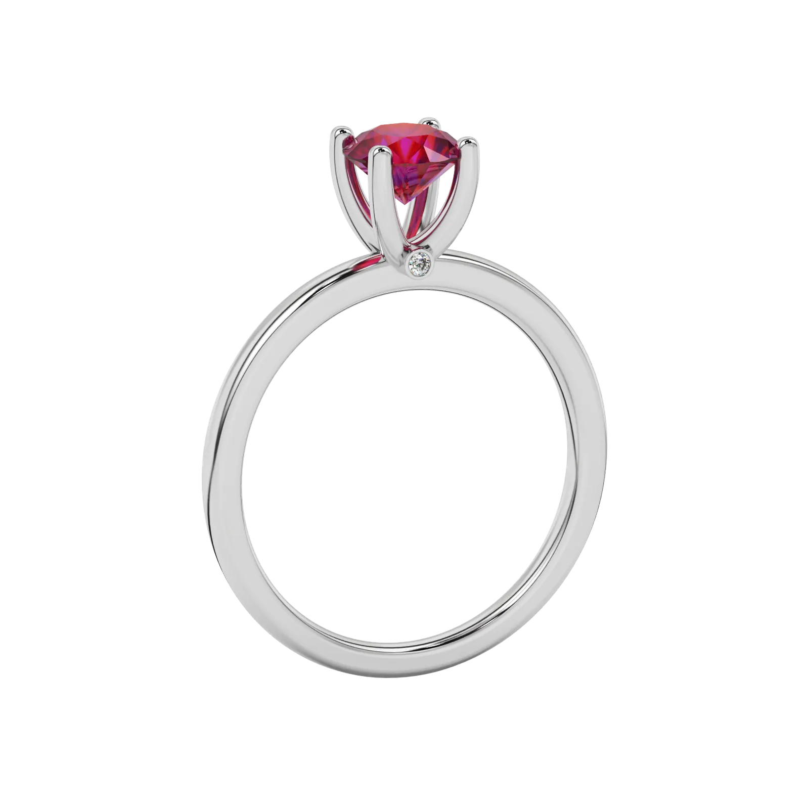 Side angle of a white gold raspberry red gemstone ring highlighting the surprise diamond gallery.