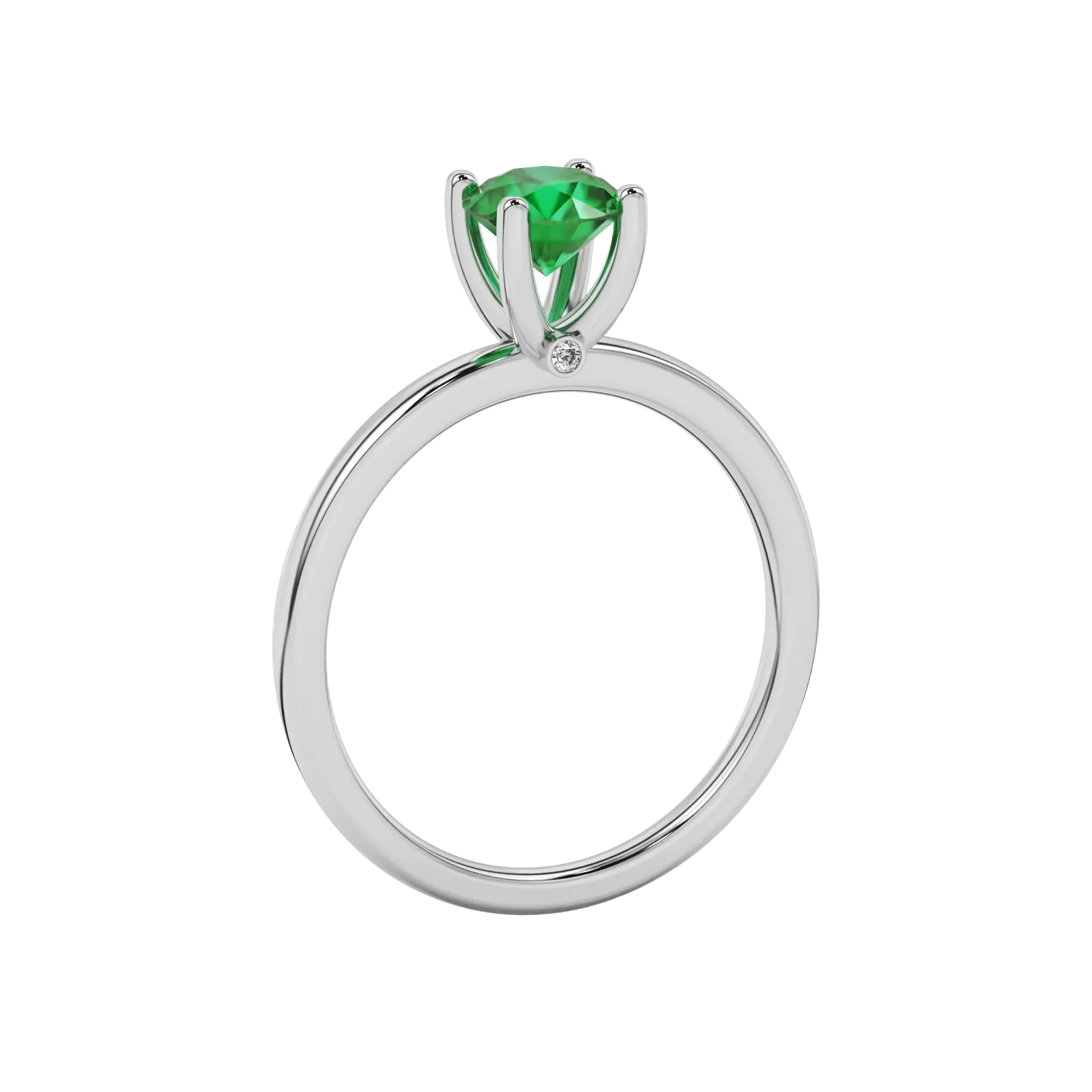 Side view of a white gold emerald green gemstone ring featuring a clean surprise diamond gallery.