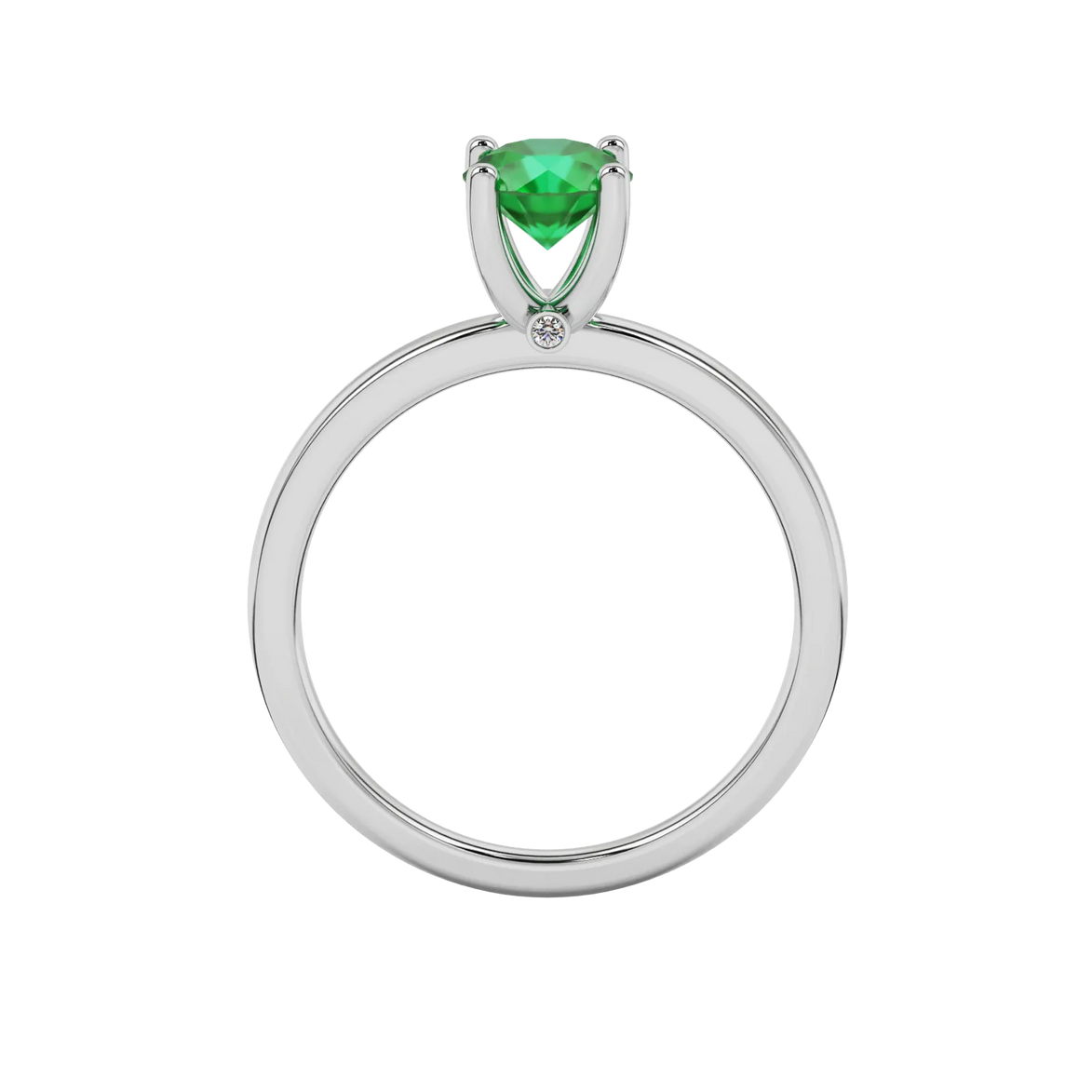 Round-cut emerald green gemstone solitaire ring in a white gold surprise diamond setting.