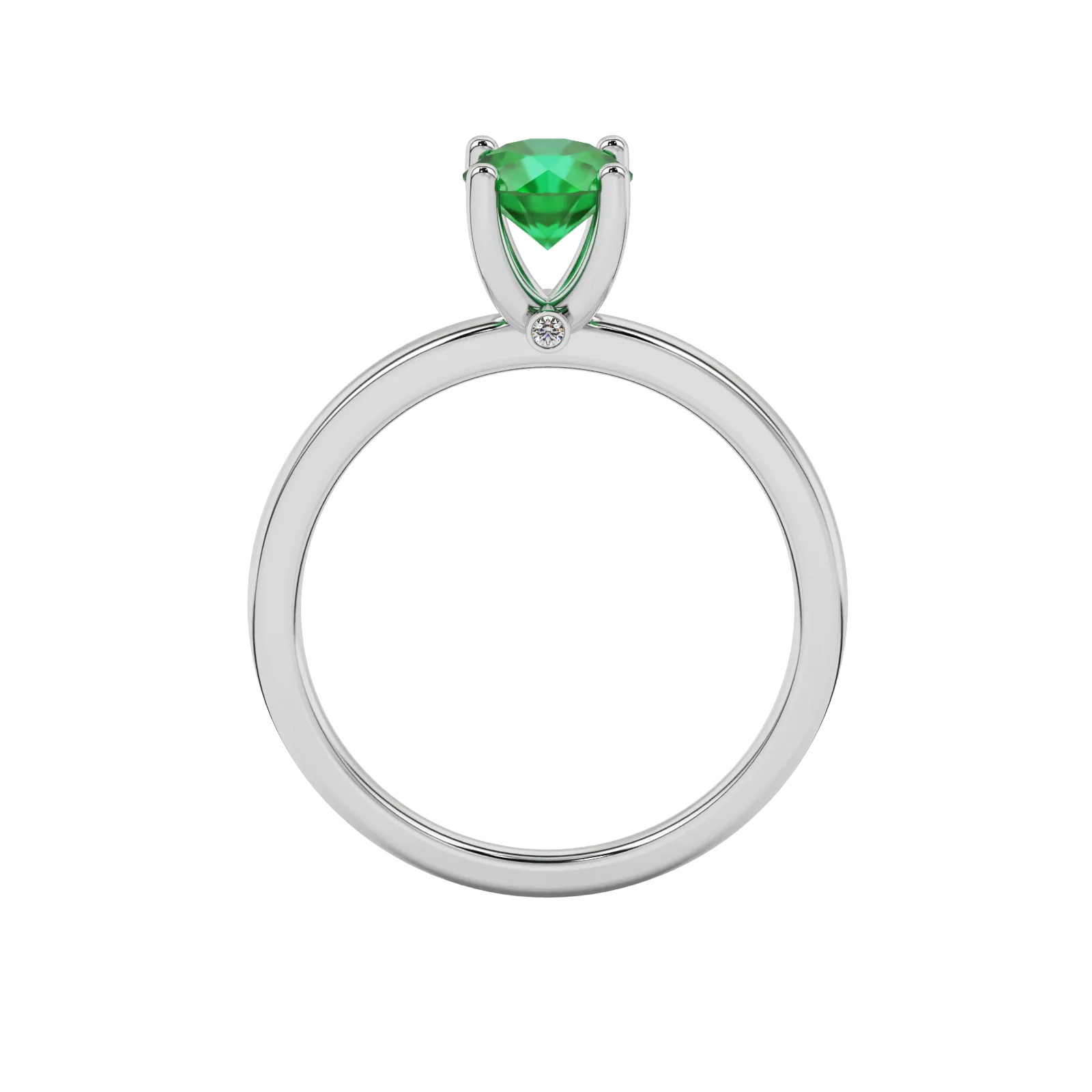Round-cut emerald green gemstone solitaire ring in a white gold surprise diamond setting.