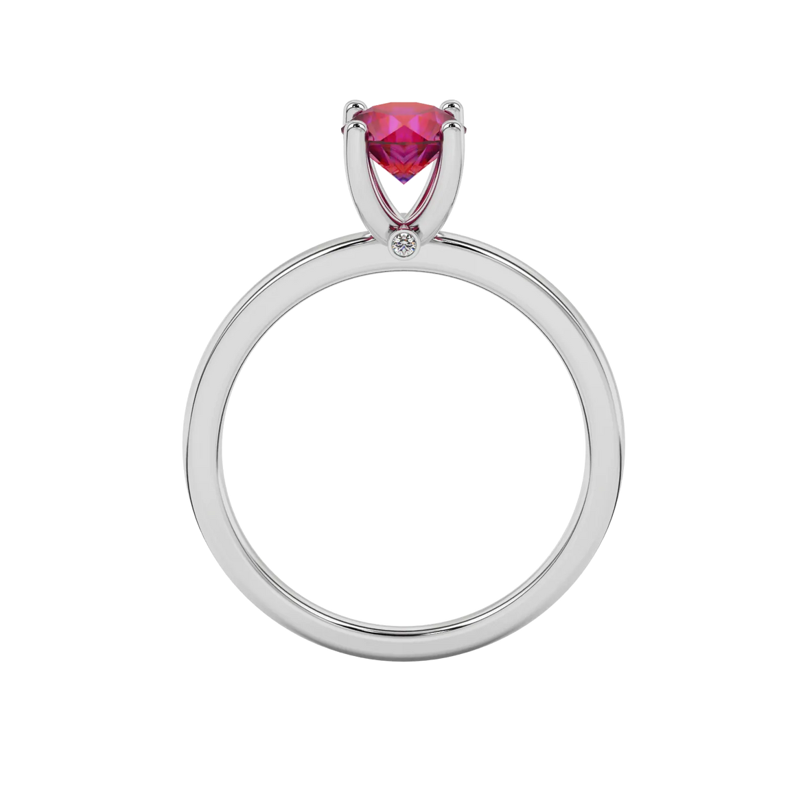 Round-cut raspberry red gemstone solitaire ring in a white gold surprise diamond setting.