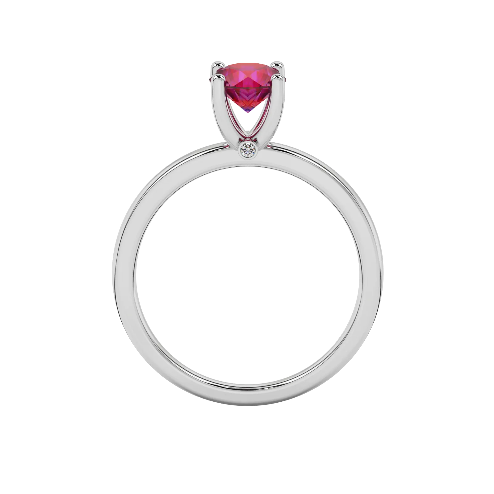 Round-cut raspberry red gemstone solitaire ring in a white gold surprise diamond setting.