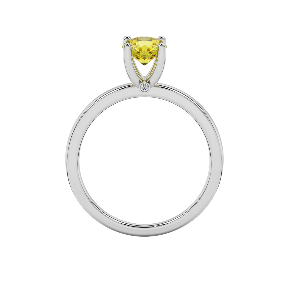 Round-cut canary yellow gemstone solitaire ring in a white gold surprise diamond setting.