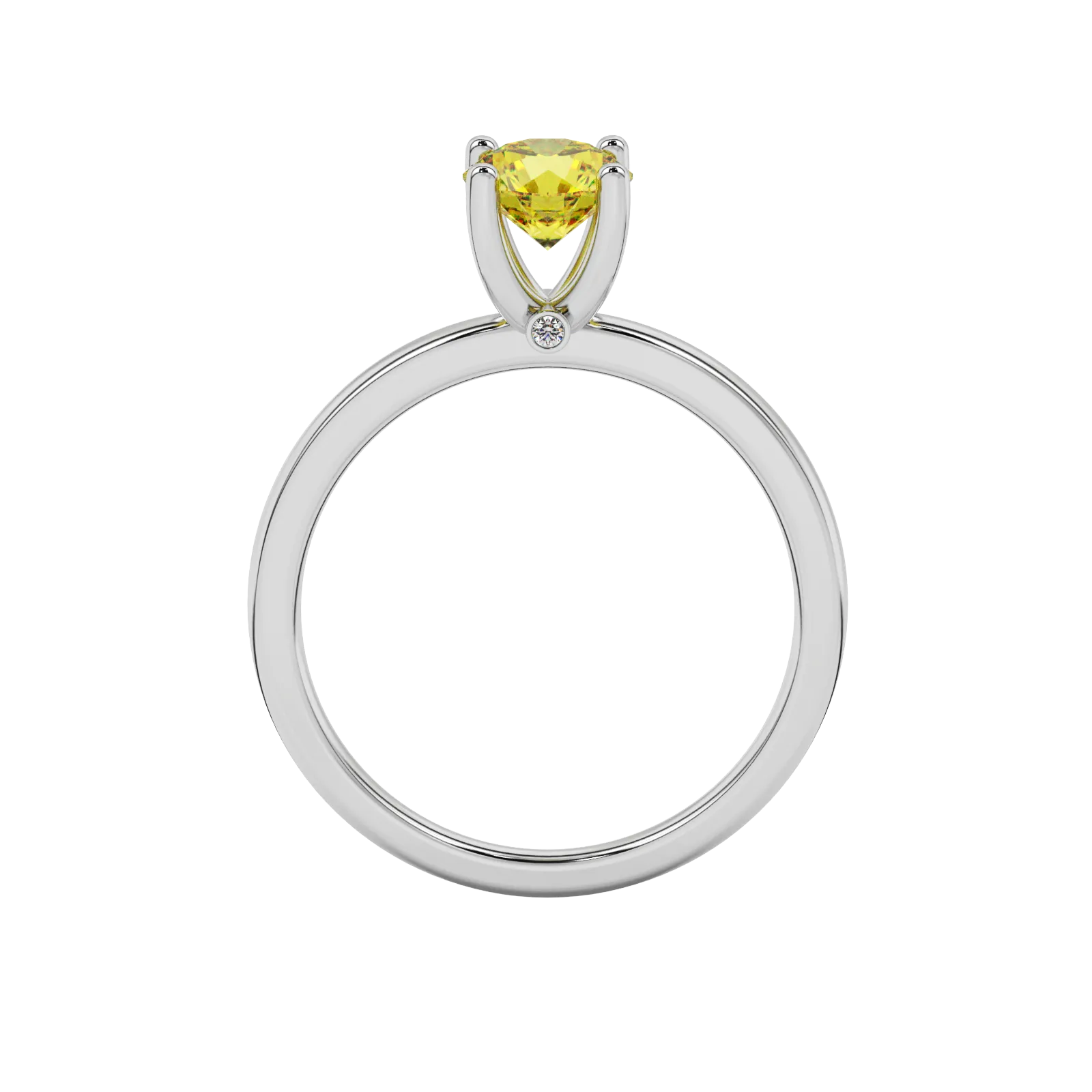 Round-cut canary yellow gemstone solitaire ring in a white gold surprise diamond setting.