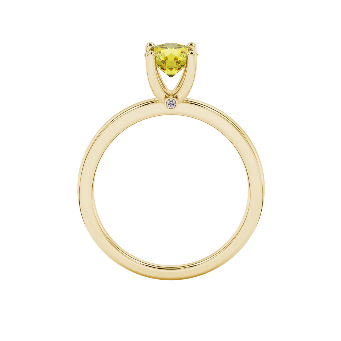 Round-cut canary yellow gemstone solitaire ring in a yellow gold surprise diamond setting.