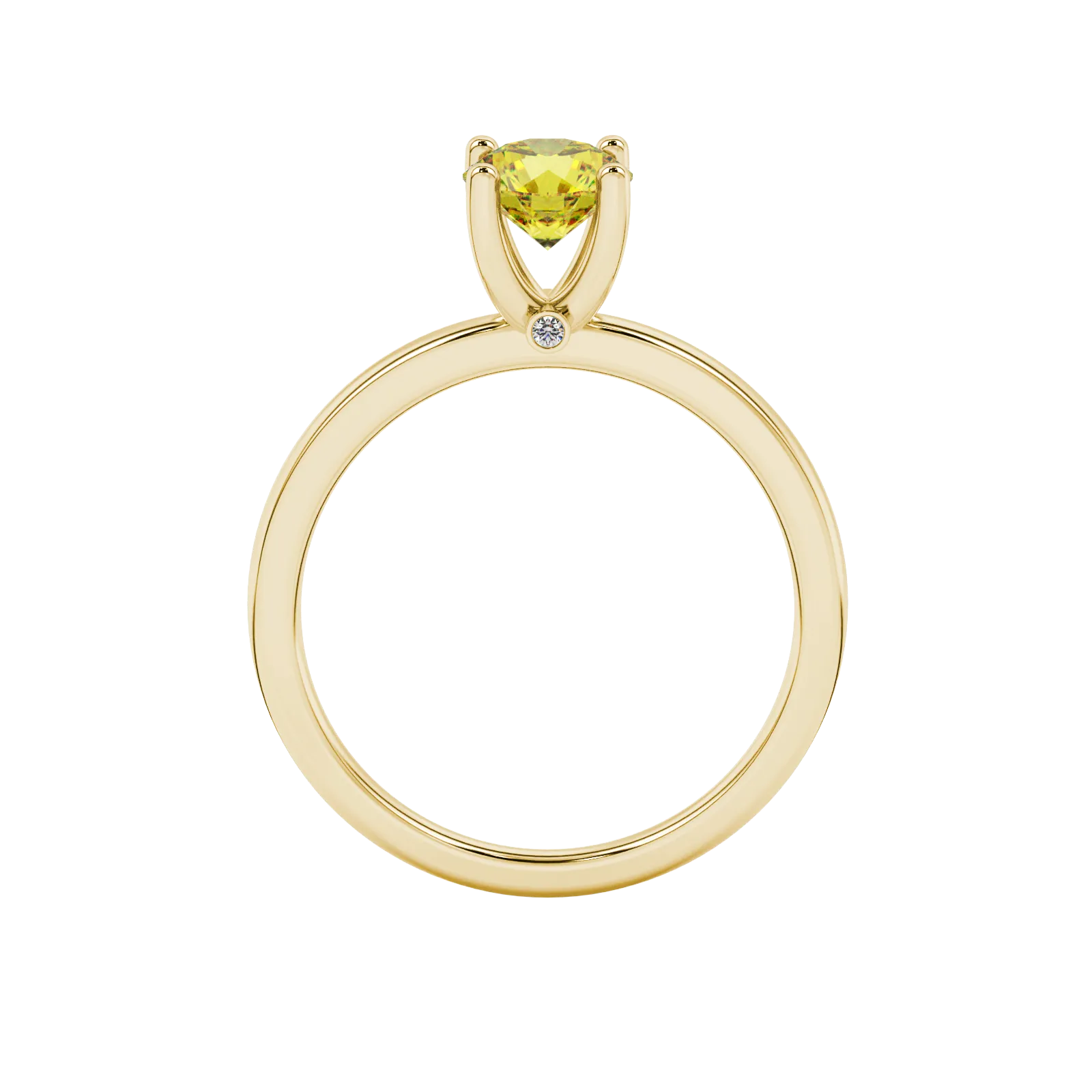 Round-cut canary yellow gemstone solitaire ring in a yellow gold surprise diamond setting.