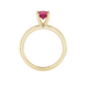 Round-cut raspberry red gemstone solitaire ring in a yellow gold surprise diamond setting.