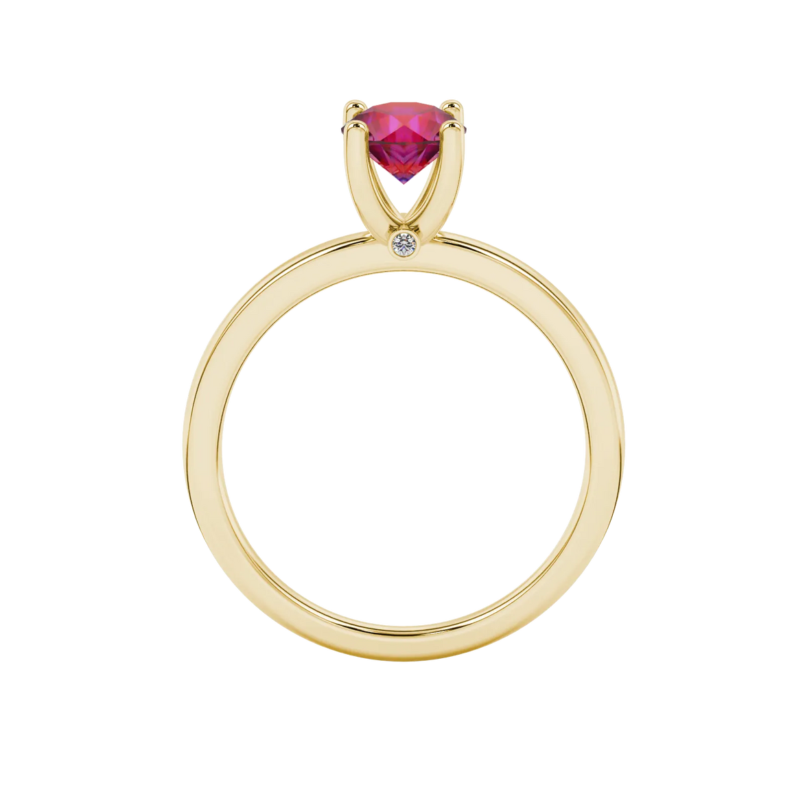 Round-cut raspberry red gemstone solitaire ring in a yellow gold surprise diamond setting.