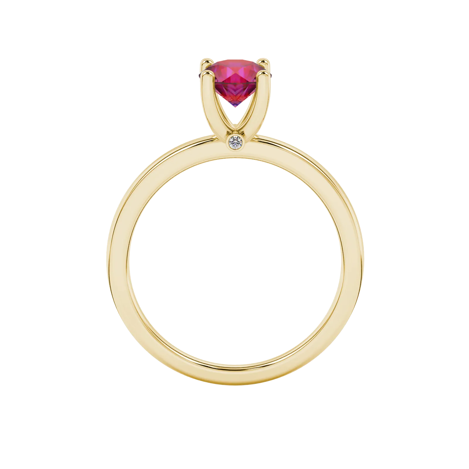 Round-cut raspberry red gemstone solitaire ring in a yellow gold surprise diamond setting.